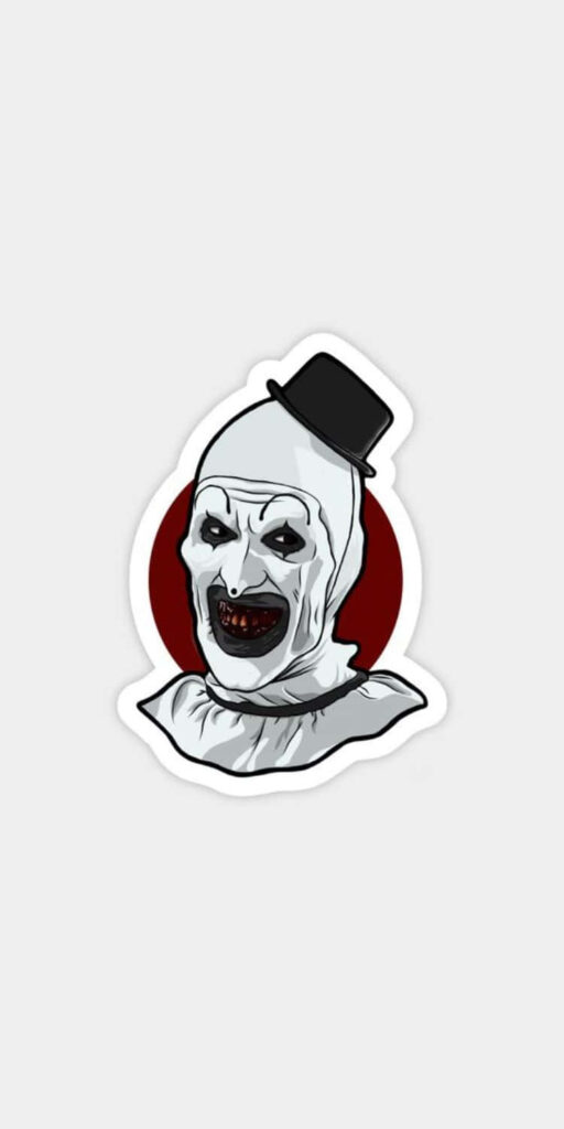 Art The Clown sticker wallpaper with eerie grin and sinister expression on red background