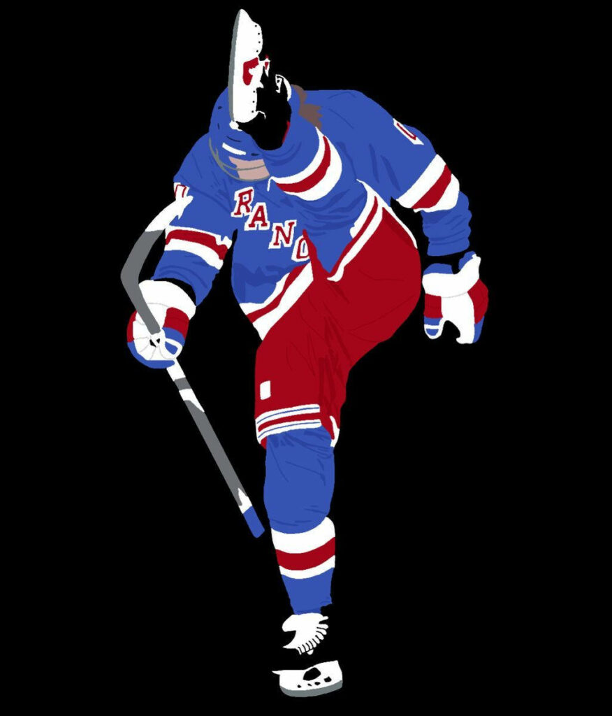 Artemi Panarin in New York Rangers uniform performing dynamic upward kick illustration on black background Wallpaper