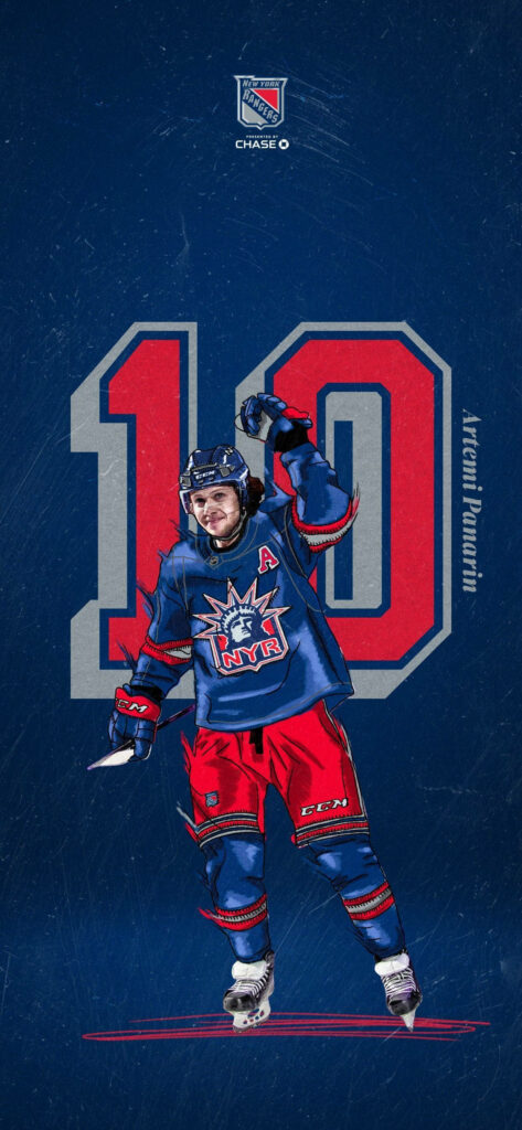Artemi Panarin New York Rangers jersey celebrating in front of bold number ten hockey wallpaper