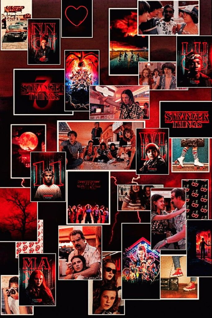 Artfully Collaged Background of Stranger Things-inspired Pictures with Dominant Red Aesthetic Wallpaper