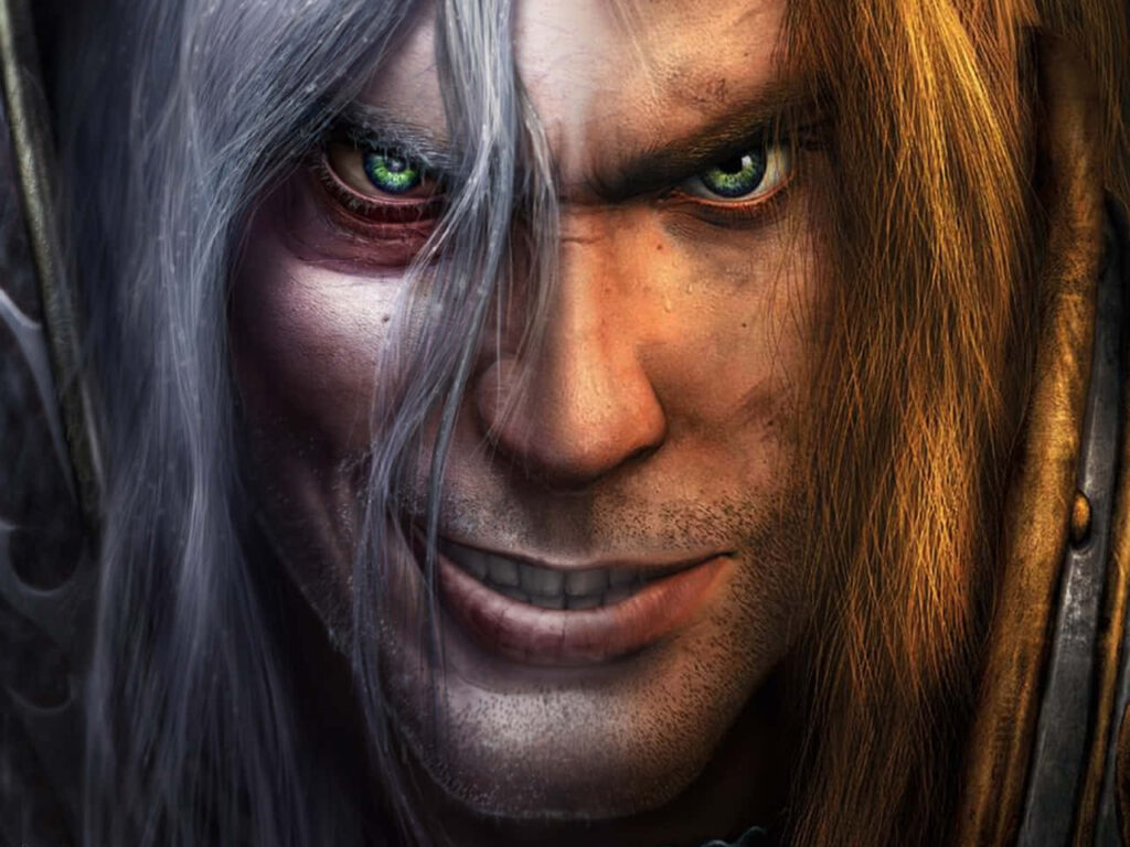 Close-up portrait of Arthas Menethil intense gaze detailed facial features wallpaper background