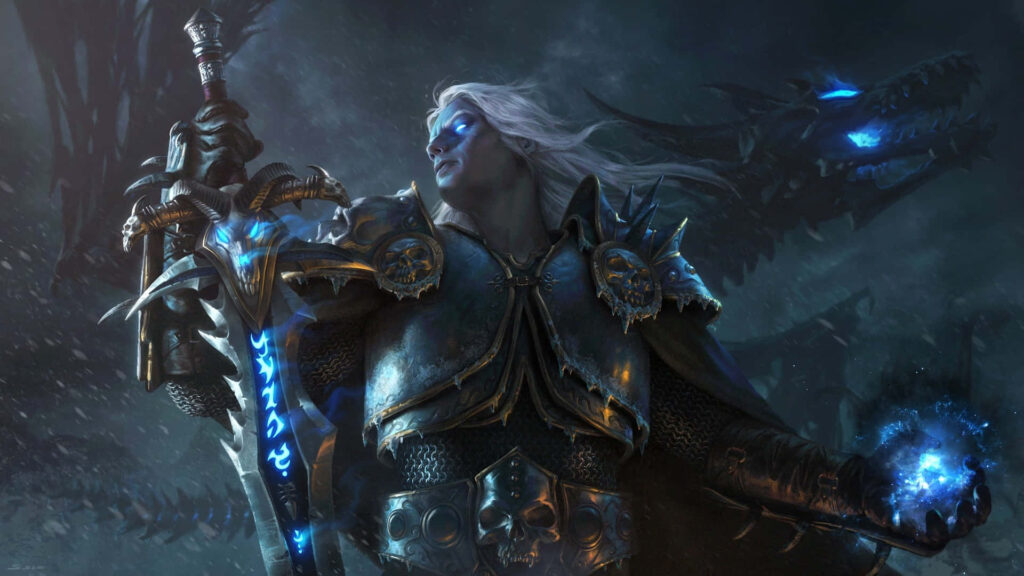 Arthas Menethil in dark armor with glowing blue eyes holding Frostmourne sword and undead dragon background Wallpaper