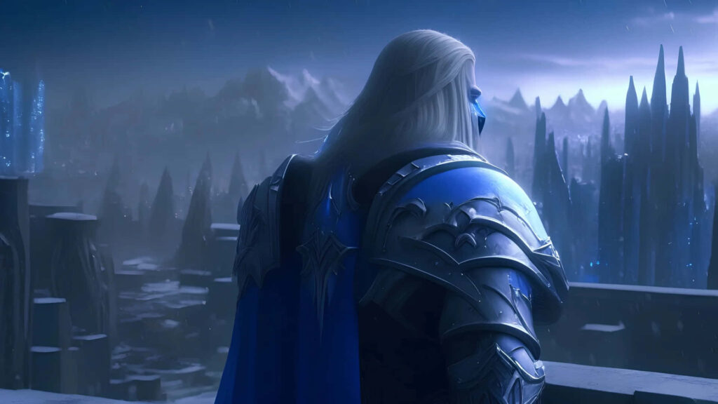 Arthas Menethil in icy armor overlooking Icecrown Citadel in cold desolate landscape wallpaper