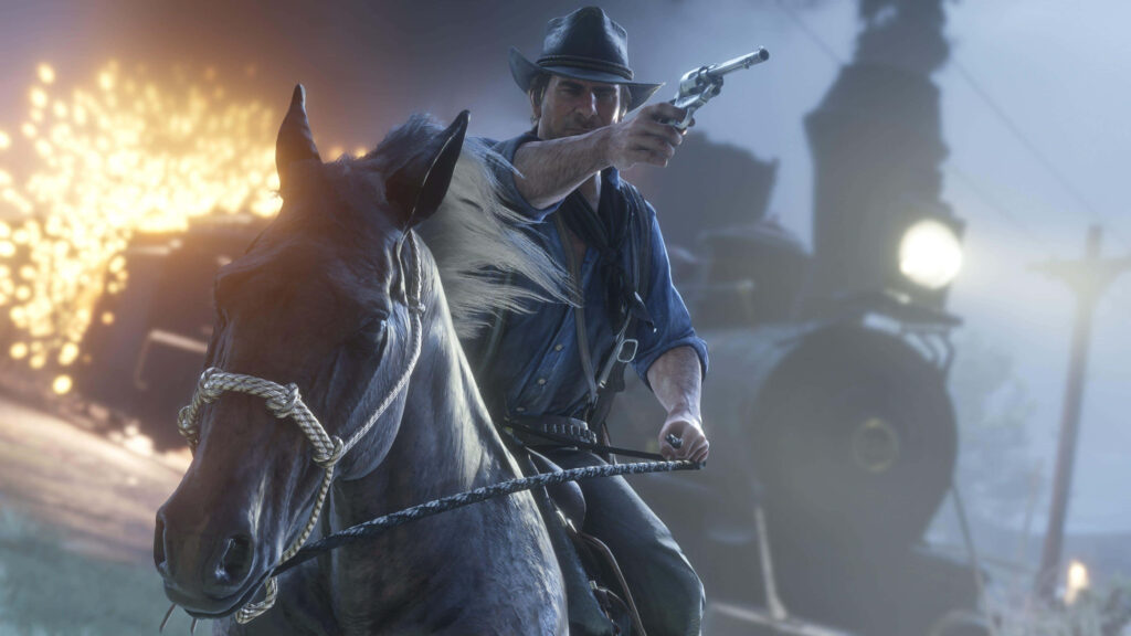 Arthur Morgan on horseback aiming revolver during explosive train robbery Red Dead Redemption 2 Wallpaper