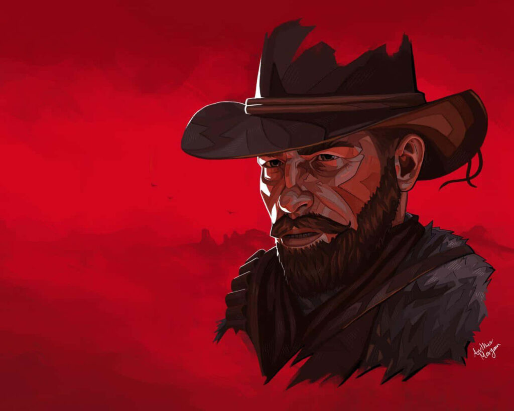 Arthur Morgan artwork wallpaper with red background rugged expression and iconic cowboy hat