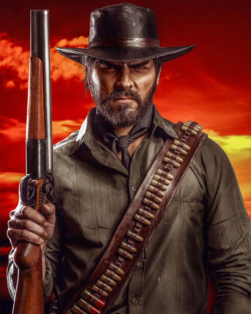 Arthur Morgan with shotgun at dramatic sunset cowboy wallpaper background rugged western scene