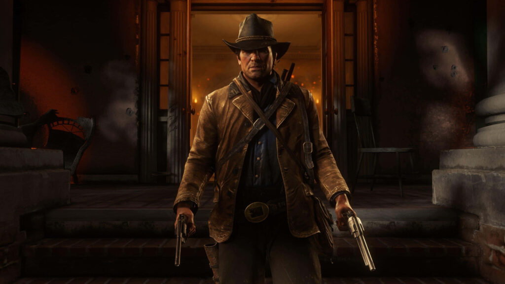 Arthur Morgan poised for duel with two revolvers in Red Dead Redemption 2 dramatic wallpaper
