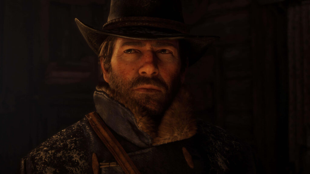 Arthur Morgan intense gaze Red Dead Redemption 2 rugged hat fur coat moody wallpaper background