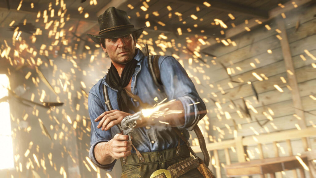 Arthur Morgan in mid-gunfight with sparks flying readying revolver Red Dead Redemption 2 wallpaper