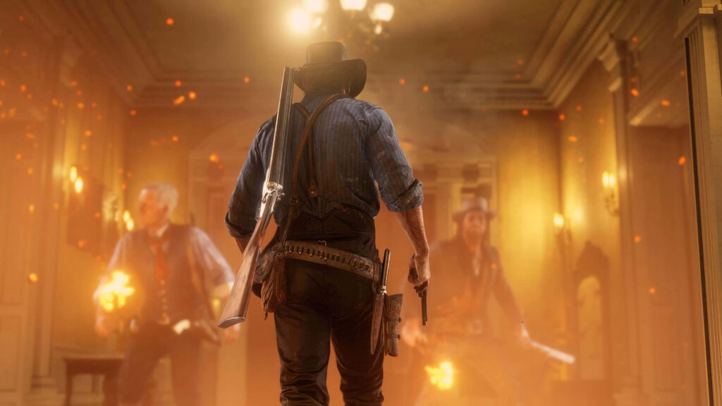 Arthur Morgan in tense standoff smoky firelit room dramatic intense Red Dead Redemption 2 wallpaper