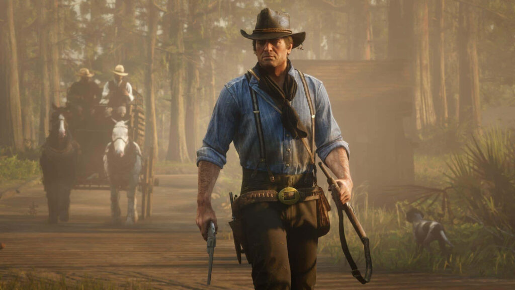 Arthur Morgan walking misty forest path armed with guns rugged determined Red Dead Redemption 2 Wallpaper