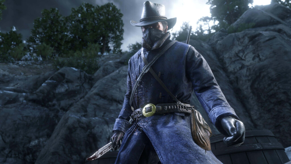 Arthur Morgan in outlaw attire stands alert under moonlit sky in rugged wilderness wallpaper background