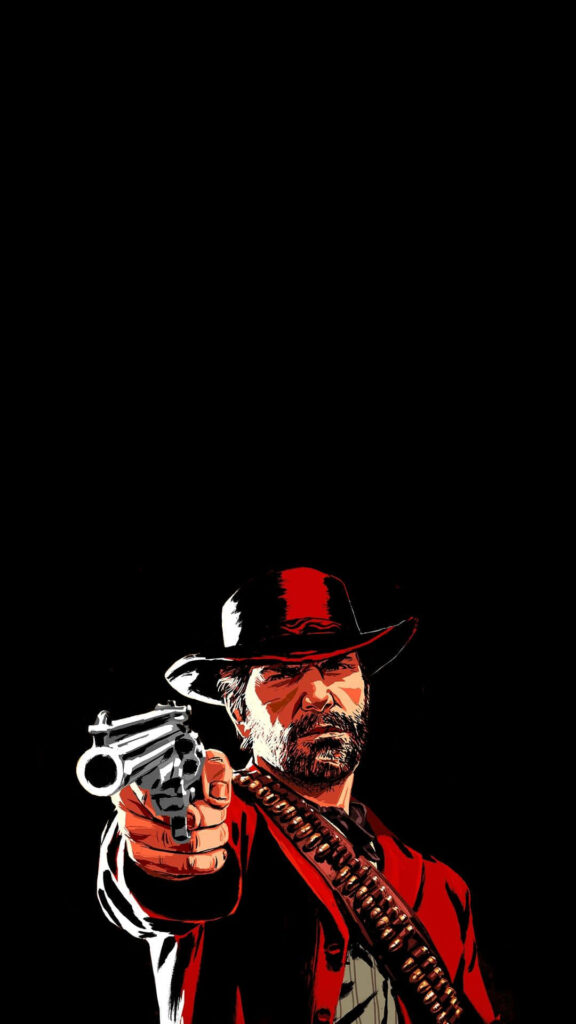 Arthur Morgan aiming revolver bold outlaw stance dramatic red black tones rugged Western attire Wallpaper