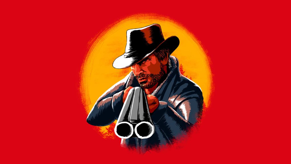 Arthur Morgan aiming double-barreled shotgun Red Dead Redemption 2 stylized western art wallpaper