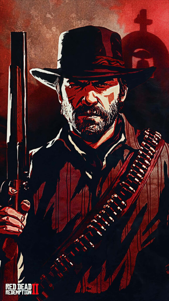 Arthur Morgan from Red Dead Redemption 2 holding shotgun against bold red dramatic wallpaper background