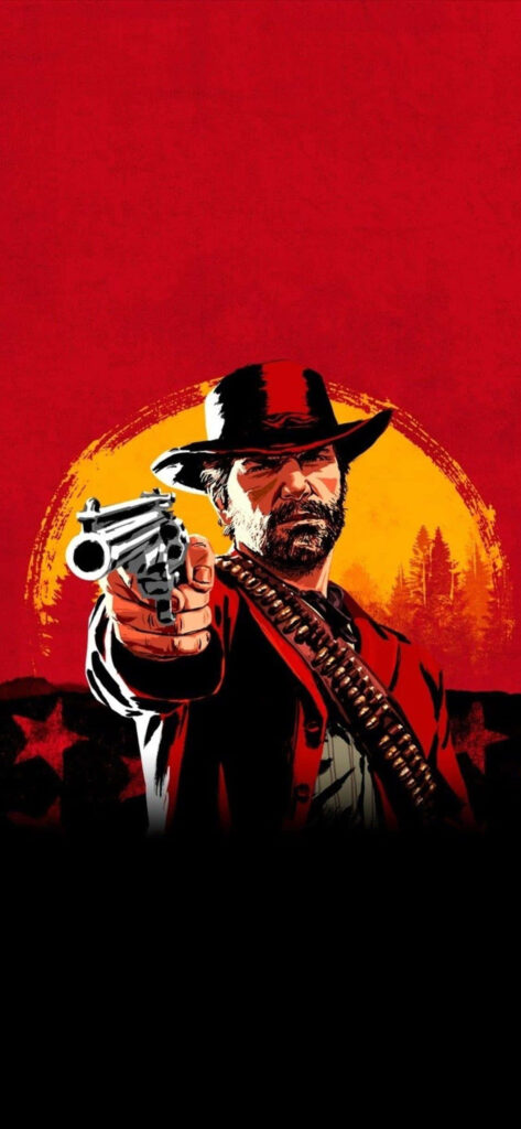 Arthur Morgan aiming revolver against red sunset forest background Red Dead Redemption 2 wallpaper