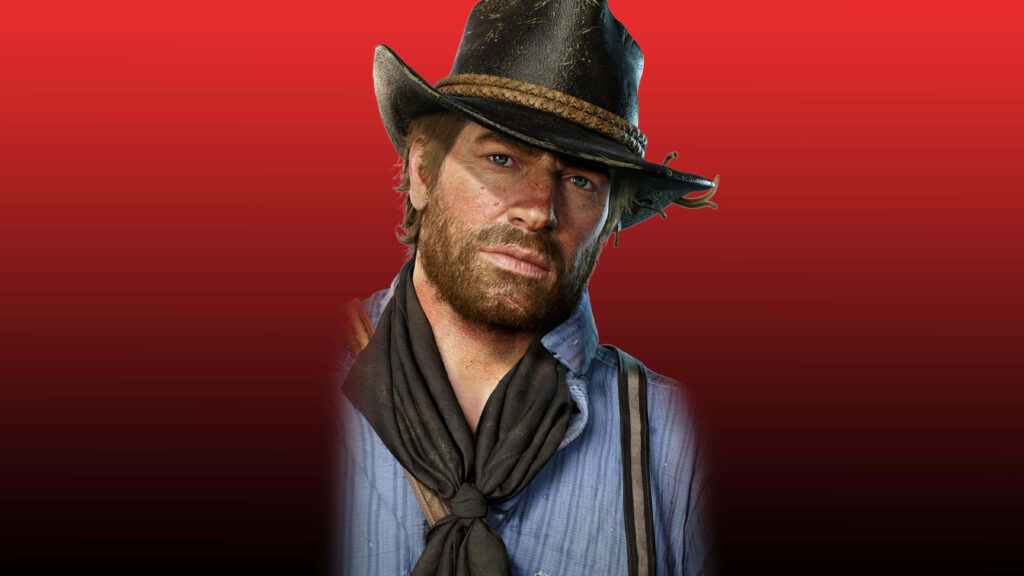 Arthur Morgan Red Dead Redemption 2 wallpaper rugged cowboy attire striking red background