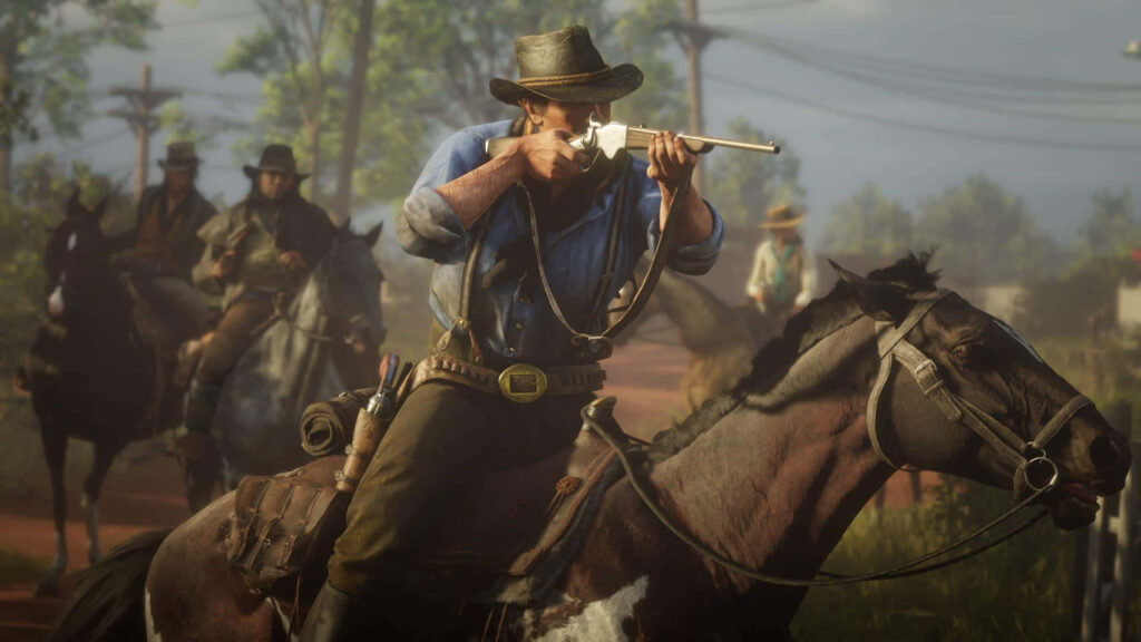 Arthur Morgan riding horse aiming rifle leading outlaws in intense Western chase wallpaper background