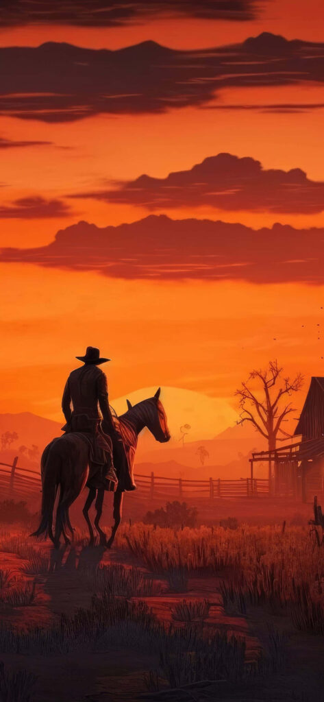 Arthur Morgan cowboy silhouette riding horse at sunset on open plains vivid orange sky wallpaper