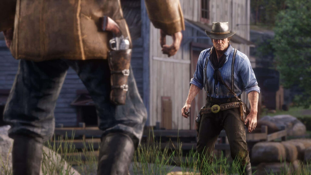 Arthur Morgan ready for tense Western showdown outside rustic building Red Dead Redemption 2 Wallpaper