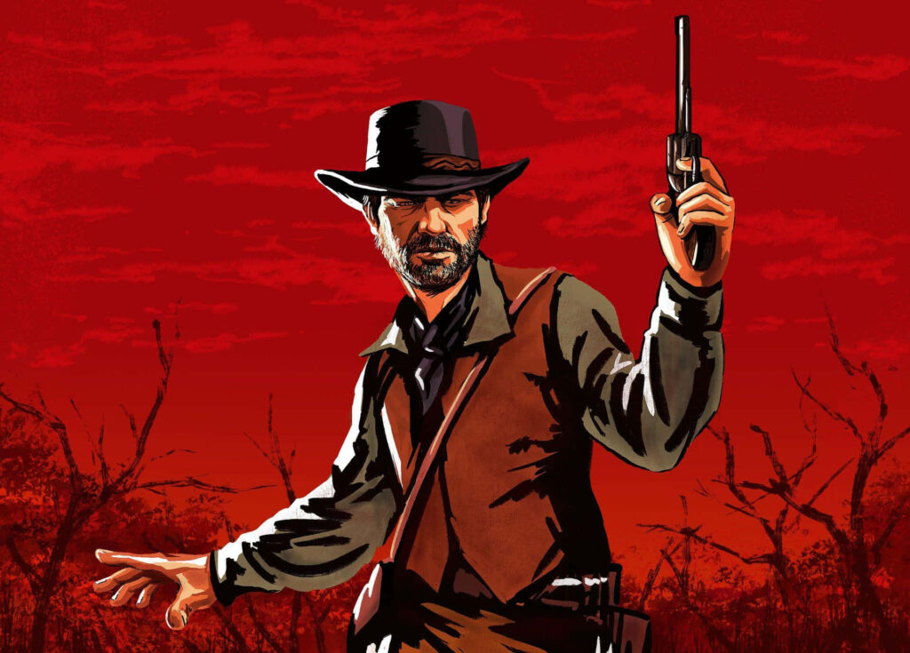 Arthur Morgan classic Western gunman confident pose rugged frontier red wallpaper background