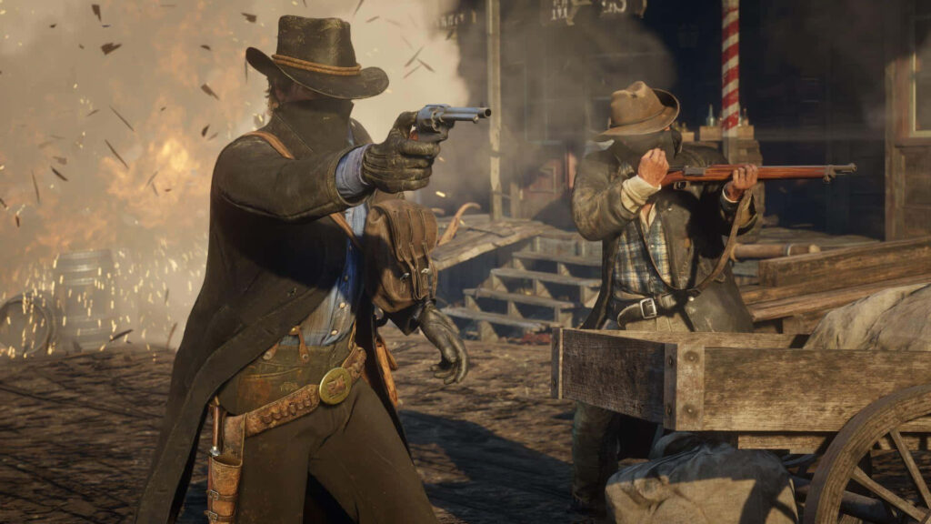 Arthur Morgan Wild West duel stance with explosion backdrop intense frontier action wallpaper