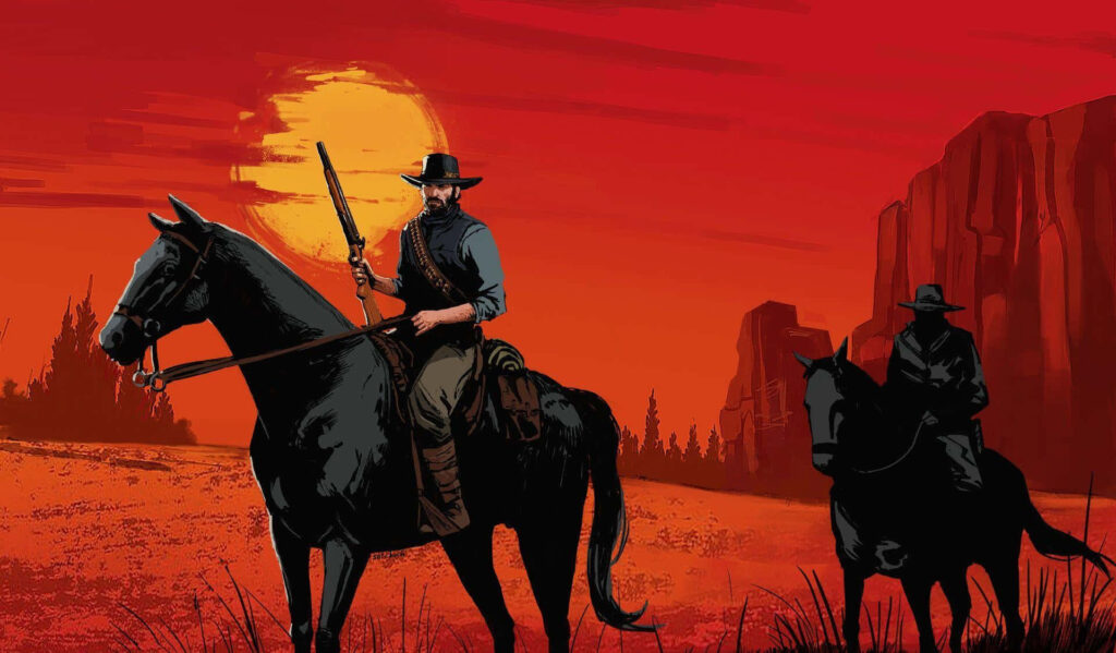 Arthur Morgan rides horseback at sunset through rugged Wild West cliffs adventurous frontier Wallpaper