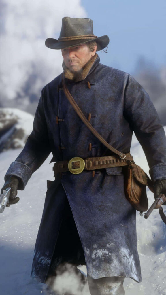 Arthur Morgan in snowy landscape wearing winter outlaw coat with weapons drawn Red Dead Redemption 2 Wallpaper