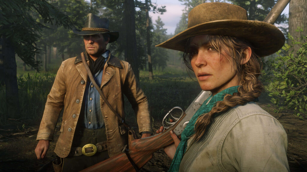 Arthur Morgan and Sadie Adler in forest Red Dead Redemption 2 ready for action with rifle wallpaper
