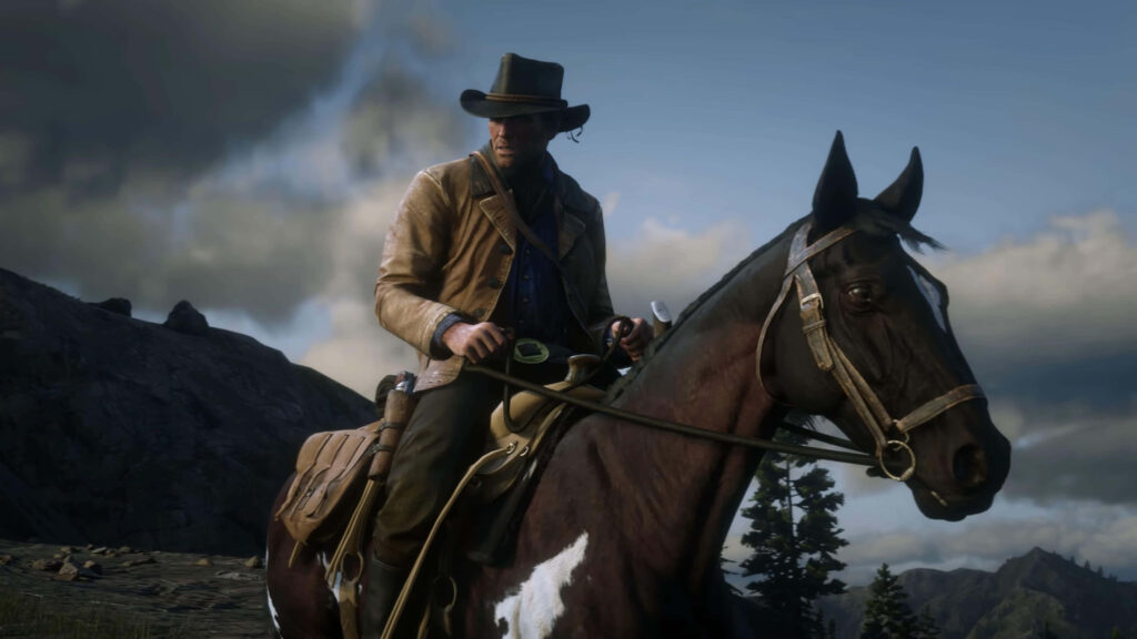 Arthur Morgan on horseback in rugged wilderness Red Dead Redemption 2 adventurous wallpaper