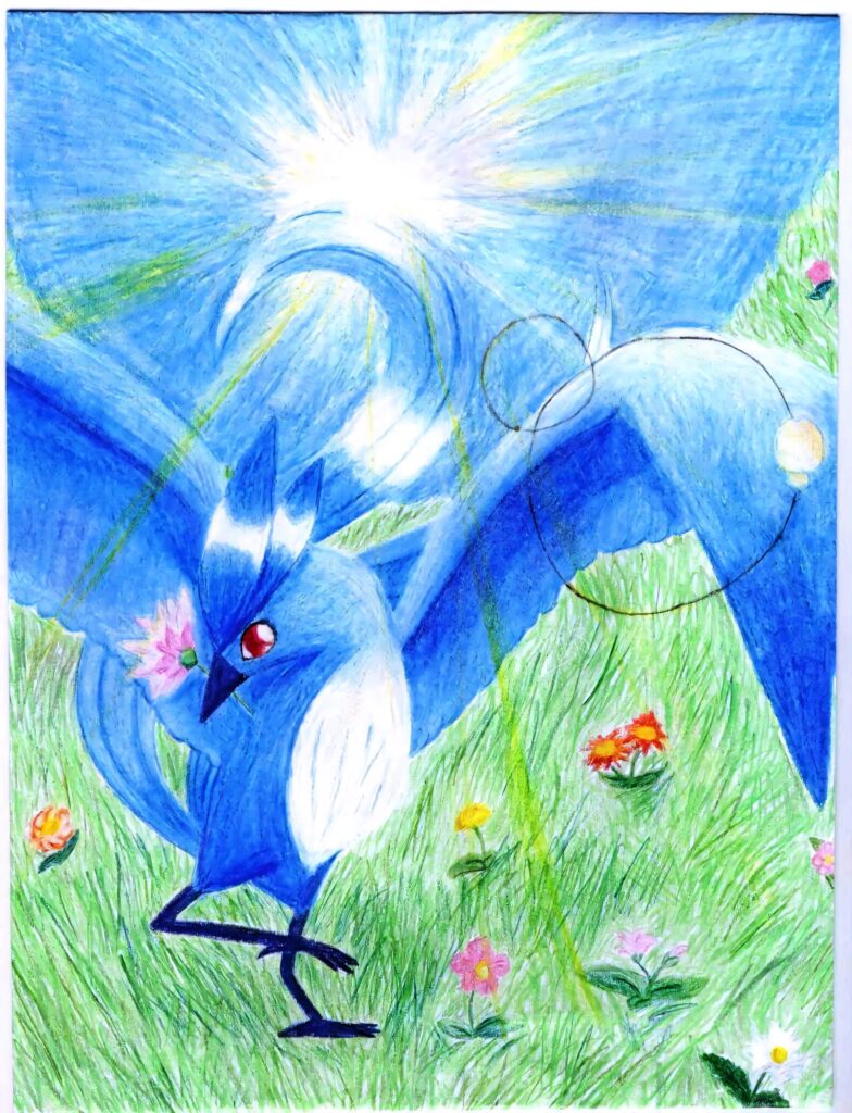 Articuno soaring over vibrant flower-filled grassy field in radiant sunlight hand-drawn wallpaper