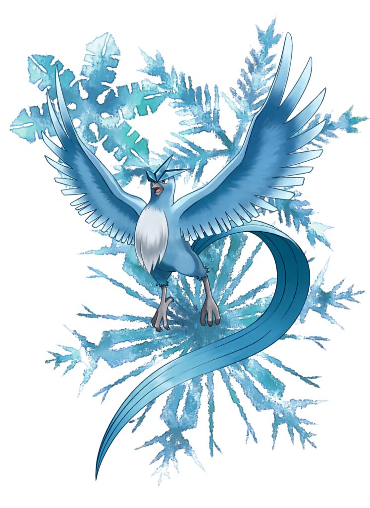 Articuno soaring with icy elegance in front of a striking snowflake wallpaper background
