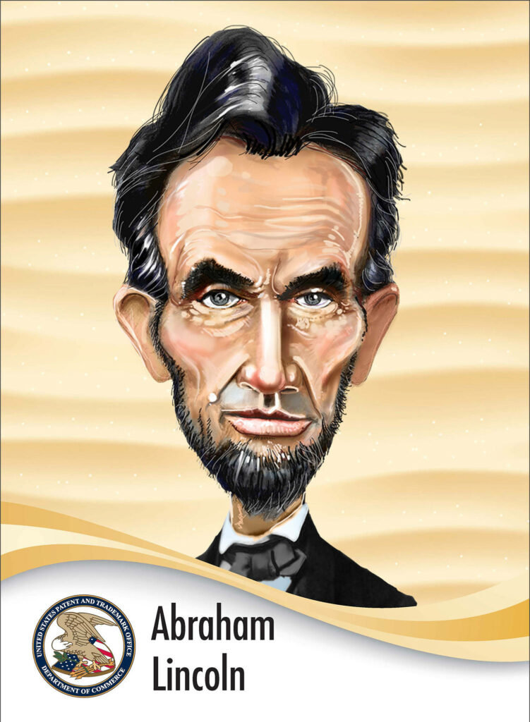 Stylized Abraham Lincoln caricature wallpaper with iconic features name and emblem background