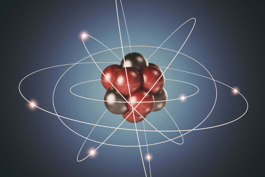 Artistic Atom Wallpaper: Red & Black Nucleus on Blue Gradient