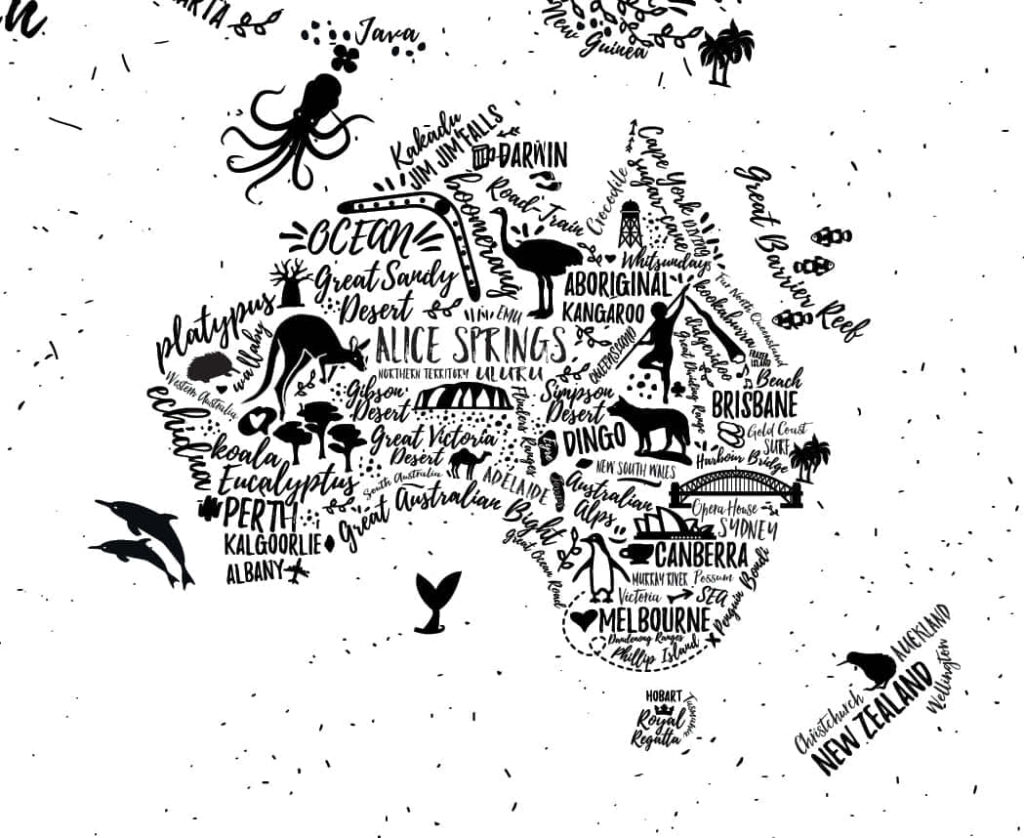 Artistic Black & White Typography Map Wallpaper of Australia