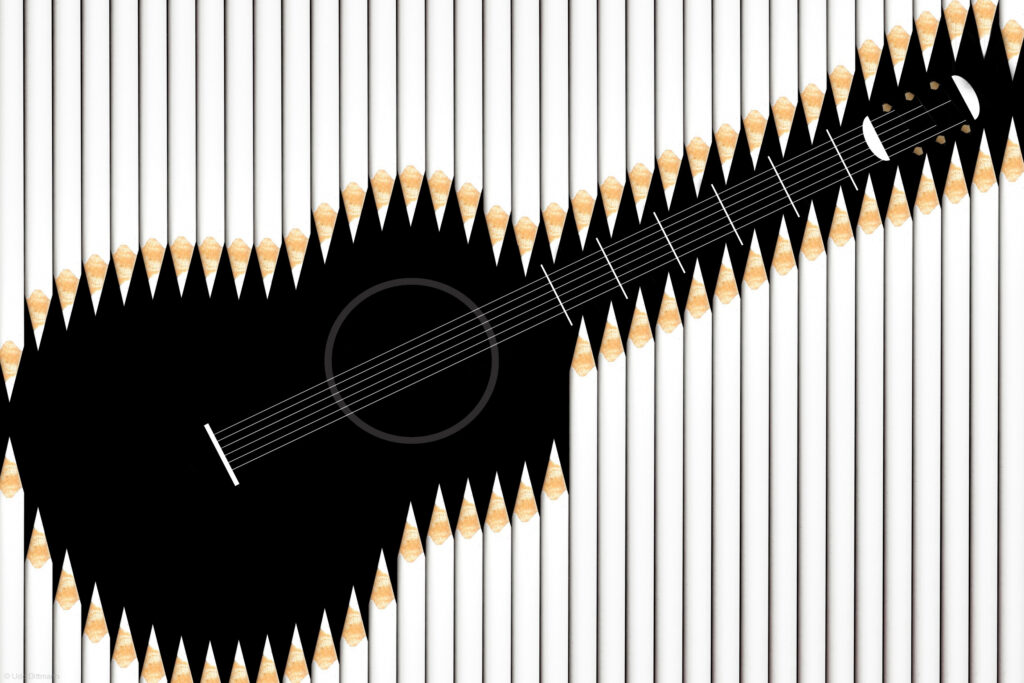 Artistic Guitar Silhouette Made from Pencils on White Background Wallpaper