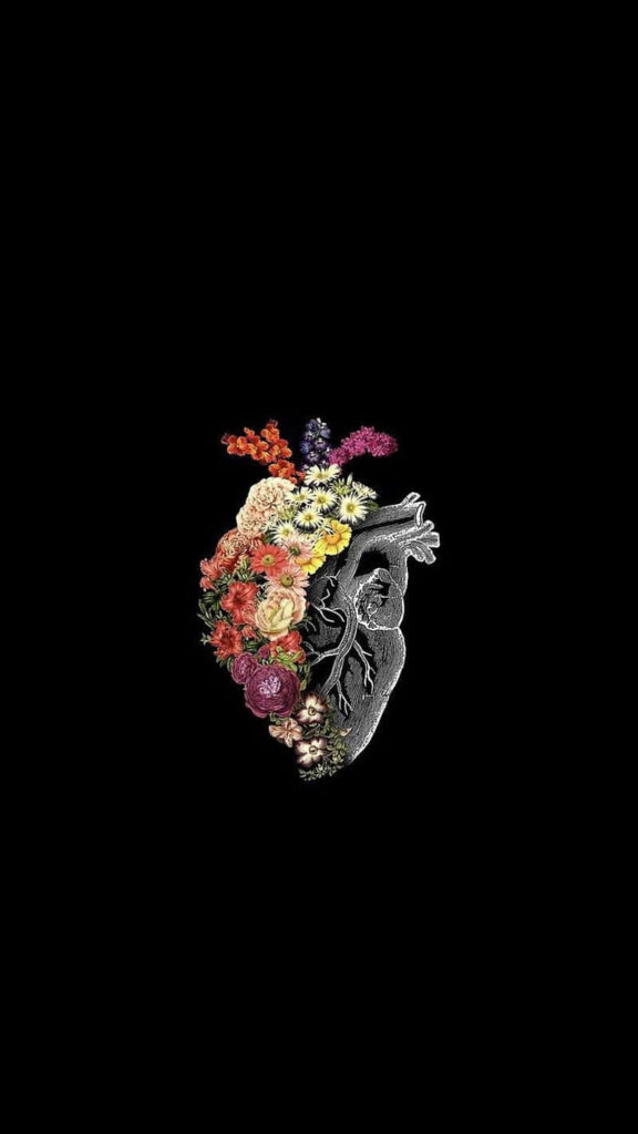 Artistic Heart Wallpaper: Anatomy Meets Floral on Black Background