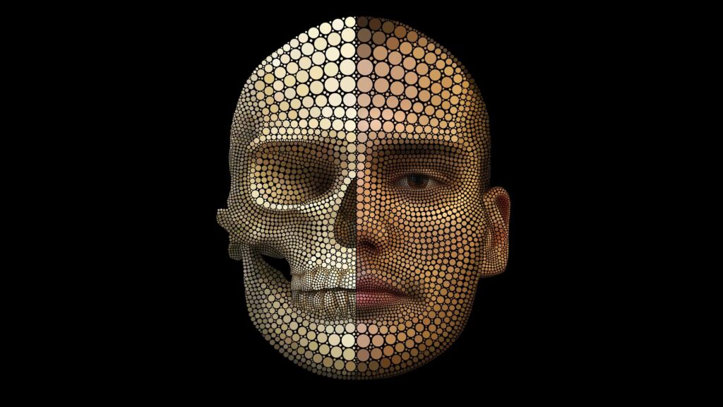 Artistic Dual Face Wallpaper: Realistic & Skeletal Design 1920x1080