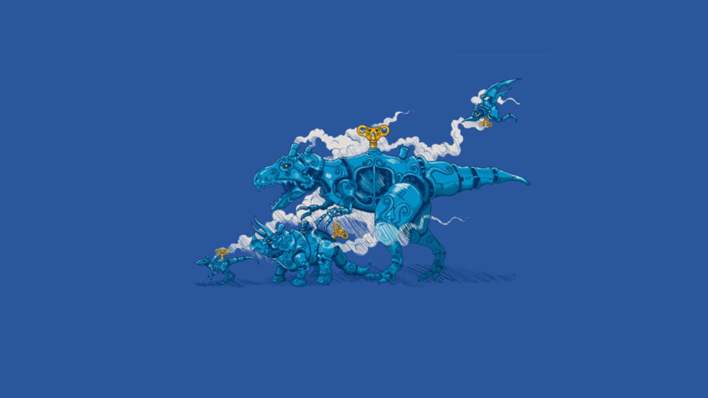 Minimalist Robot Dinosaurs Art Wallpaper on Solid Blue Background