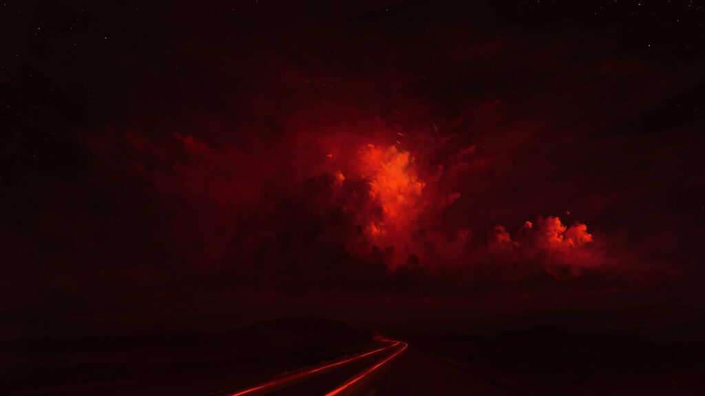 Stunning HD Night Landscape with Dramatic Red Sky and Luminous Light Wallpaper