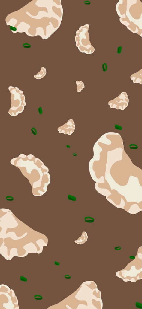 Artistic Pierogi Wallpaper: Iconic Shapes & Green Garnish Design
