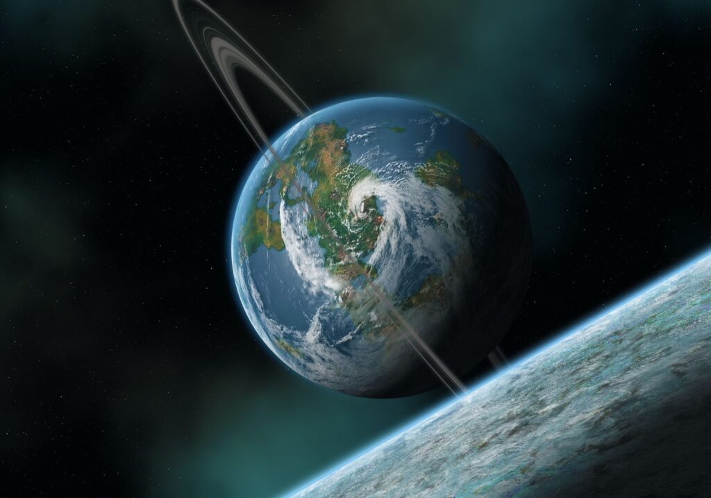 Artistic Planet Wallpaper: Cyclone & Rings in Ethereal Space Background