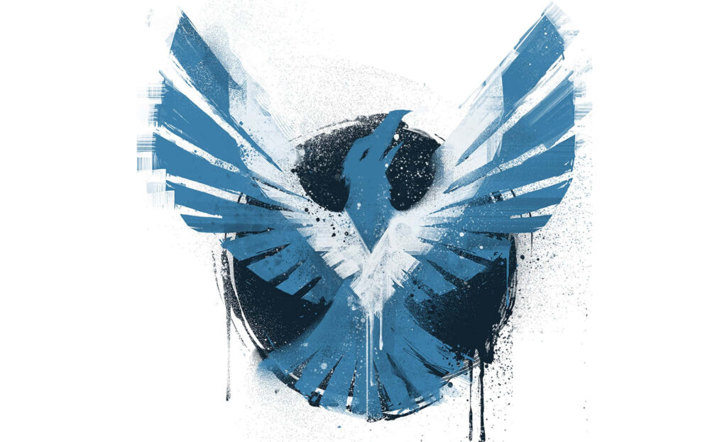 Stylized Raven Emblem Wallpaper: Bold Blue & White Abstract Design