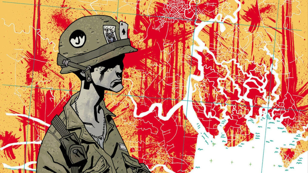 Artistic Soldier Wallpaper: Vibrant Red & Yellow Map Design
