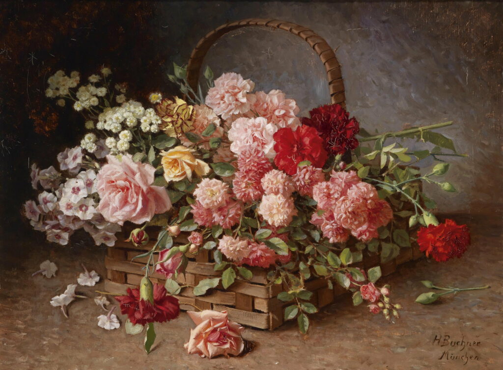 Floral Elegance: An Artistic QHD Oil Painting of a Basket Filled with Carnations, Roses, and Still Life Wallpaper