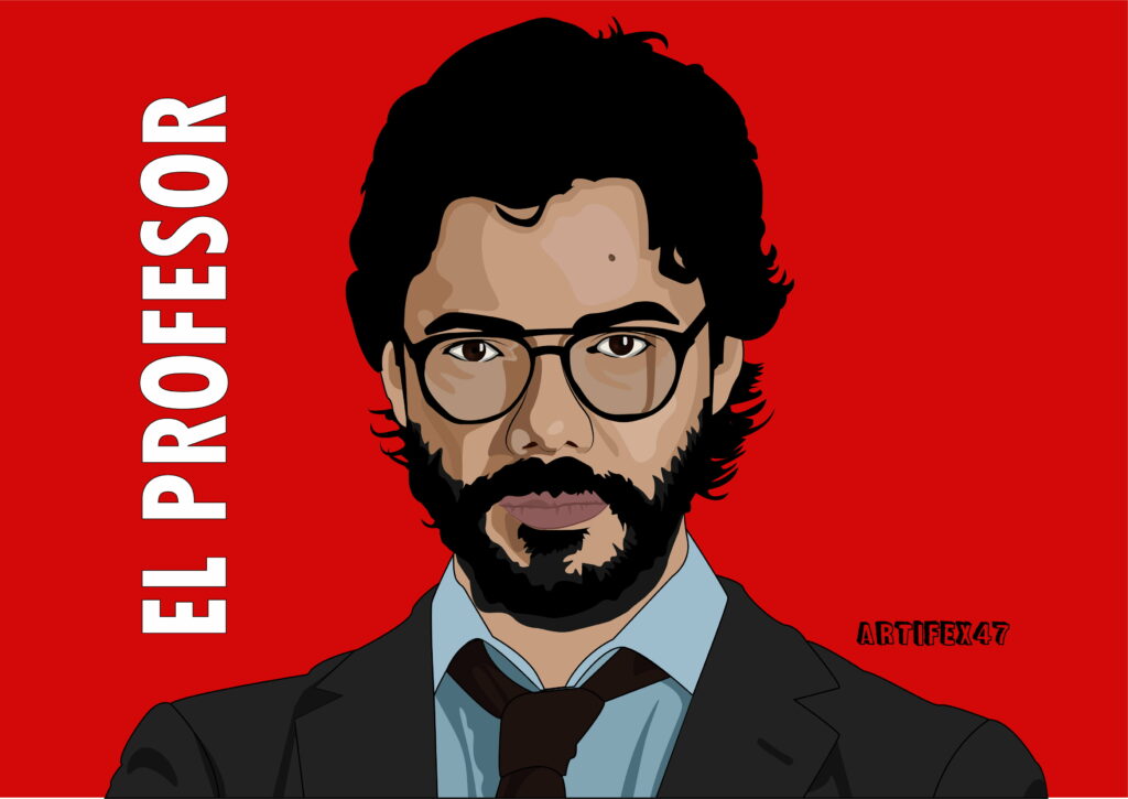 The Artistic Heist: A Stunning Illustrated Tribute to La Casa De Papel and Its Infamous Mastermind Sergio Marquina a.k.a The Professor Wallpaper
