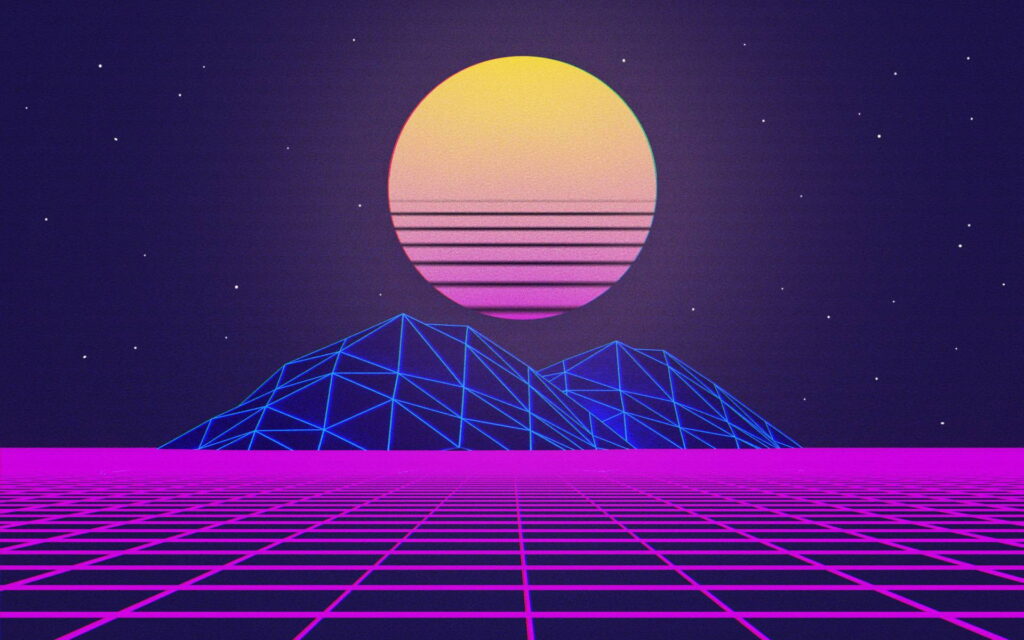 Retro synthwave wallpaper with purple sky glowing sun blue wireframe mountains neon grid floor