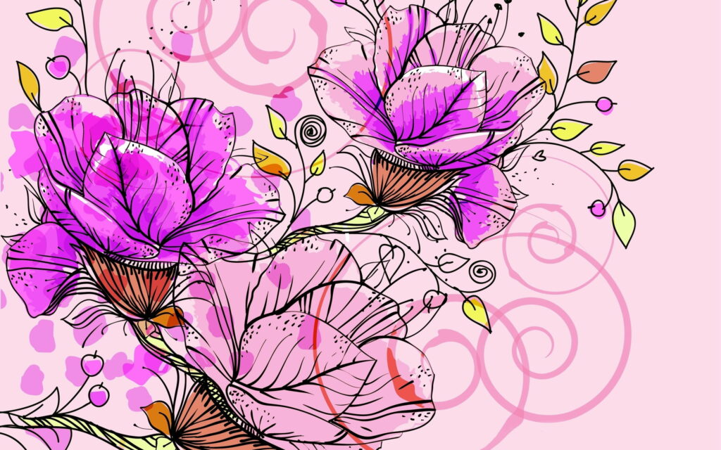 Artistic Floral Haven: A Vibrant Vector Bouquet Decorating QHD Wallpaper Background