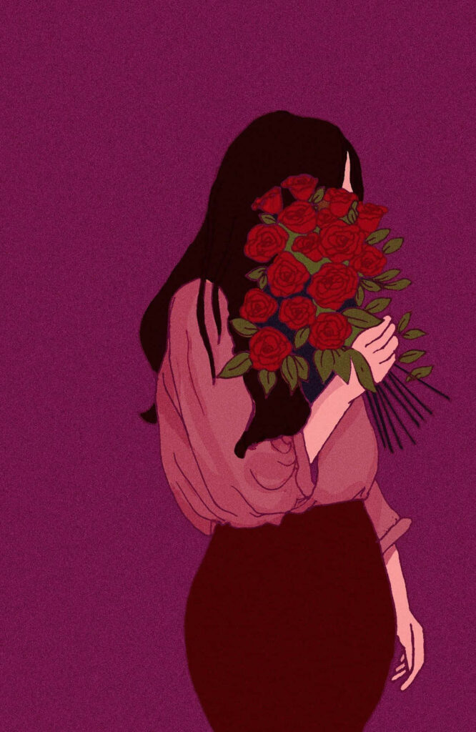 Mysterious Girl with Red Roses - Artistic Minimalist Wallpaper