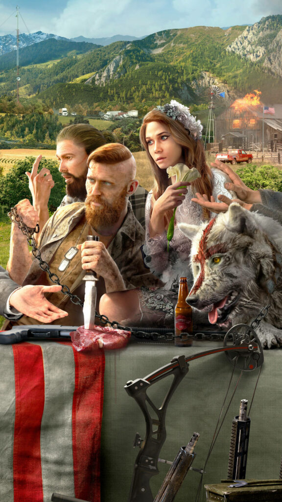 Pixelated Harmony: A Creative iPhone Wallpaper Featuring the Seed Siblings and the Ferocious Wolf Companion from Far Cry 5